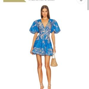 Hemant and Nandita Blue Mini Dress with Puff Sleeves and V-Neck